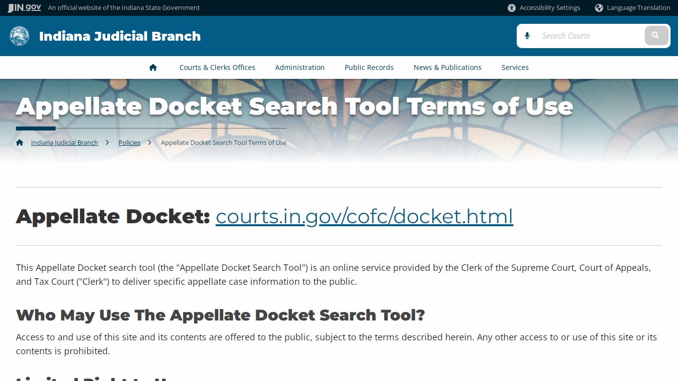 Appellate Docket Search Tool Terms of Use - Indiana Judicial Branch
